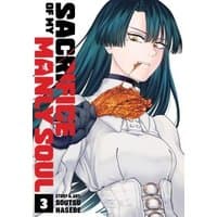 "Sacrifice of My Manly Soul Vol. 3 manga, features a woman with long blue hair holding a piece of meat, bold red title text"