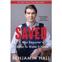 "Book titled 'Saved' by Benjamin Hall, featuring a man in a blue shirt and vest on the cover."