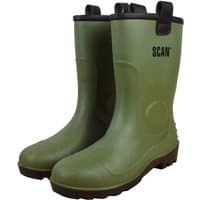 Green Scan fleece lined Wellington boots with black trim and pull tabs, featuring rugged brown soles.