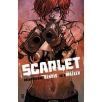 Comic book cover featuring a red-haired woman holding two guns, titled "Scarlet" by Bendis and Maleev.