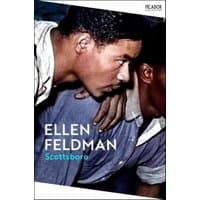 "Scottsboro" by Pan Macmillan, book cover with two men in profile, one wearing a white shirt, author Ellen Feldman.