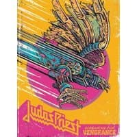 "Screaming for Vengeance album cover with a metallic eagle and vibrant yellow and pink background."