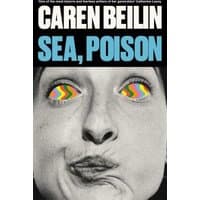 "Sea, Poison" book by Simon & Schuster Ltd, cover with black and white face, rainbow eyes, bold blue and white text.