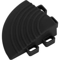 Black polypropylene corner floor tile with anti-slip ridges and interlocking tabs.