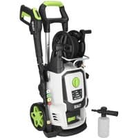 Sealey PW2400 Pressure Washer, white and black with green accents, hose reel, wheels, and detergent bottle attachment.