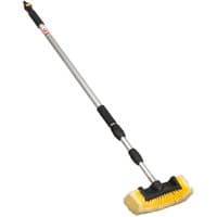 Telescopic flo-thru wash brush with yellow bristles, black handle grips, and silver extendable pole for hose pipes.