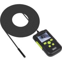 Sealey VS8112 borescope with black handheld monitor, green buttons, and long flexible 8mm camera cable.