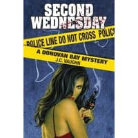 "Second Wednesday" book cover with a woman holding a gun, police tape, and chalk outline on a blue background.