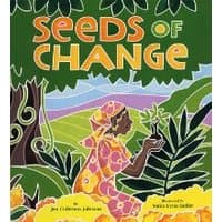 "Seeds of Change book cover with vibrant illustration of woman in floral dress surrounded by lush greenery"