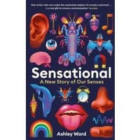"Colorful book cover of 'Sensational' with sensory icons like ear, lips, and butterfly on dark background"