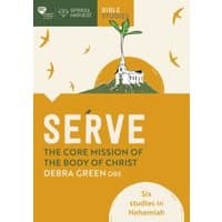 "Serve Bible study book with white church illustration, plant sprout, and orange background featuring birds and text."