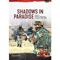"Book 'Shadows in Paradise Volume 1' with soldiers in camouflage on cover, Helion & Company publication"