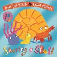 "Sharing a Shell" children's book with colorful sea creatures and a large orange shell on a blue background.