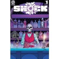Comic book cover titled "Shock" featuring a skeleton bartender in a red vest mixing drinks at a bar with colorful bottles.