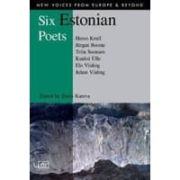 "Six Estonian Poets" book with blue and gray cover, featuring icy landscape and poet names listed on the front.