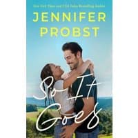 "So It Goes" book cover with a couple embracing against a scenic landscape, featuring bold yellow and white text.