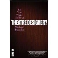 "So You Want to Be a Theatre Designer? book with dark wood texture cover and bold white title text by Nick Hern Books"