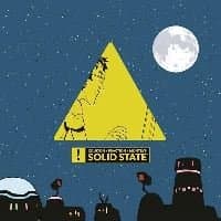 "Solid State album cover with yellow triangle, moon, and stylized buildings against a starry blue sky"