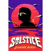 "Solstice" book cover with silhouette of person in sunglasses, red sun, purple sky, and stylized white title text.