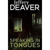 "Speaking in Tongues" book cover with dark forest scene, illuminated window, and bold white title text at top.