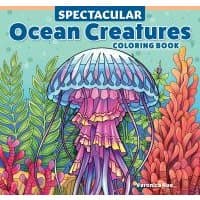"Spectacular Ocean Creatures Coloring Book with vibrant jellyfish and coral illustrations on the cover"