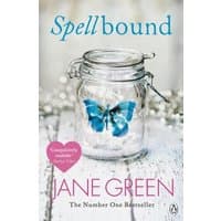 "Spellbound book cover with a glass jar containing a blue butterfly, white background, and author Jane Green's name in pink."
