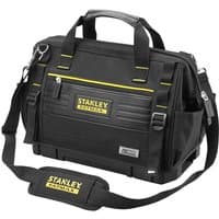 Black Stanley Fatmax Pro-Stack soft bag with yellow accents, multiple pockets, and adjustable shoulder strap.