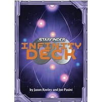 "Starfinder Infinity Deck card game with cosmic design, purple border, and orange title text by Paizo Publishing, LLC"