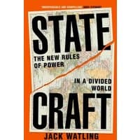 "Orange cover book 'Statecraft' by Jack Watling, featuring a torn map design with bold black title text."
