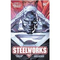Comic book cover featuring a metallic superhero with a cape and the title "Steelworks" in bold letters.