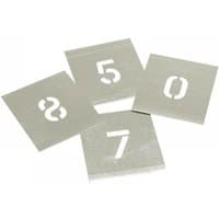 Zinc stencil set with numbers 0-9, each on a 1.5-inch square metal sheet, featuring cut-out figures.