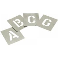 Zinc stencil set with cut-out letters A, B, C, G, each on square metal sheets, 2.5-inch size.