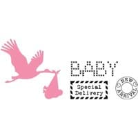 Pink stork cutting die set with clear stamps featuring "Baby," "Special Delivery," and "New Arrival" text designs.