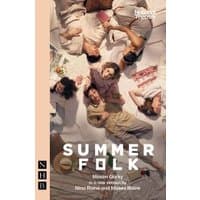 "Summerfolk book by Nick Hern Books, cover showing people lying on a white sheet with picnic items, pastel color scheme"
