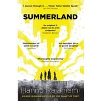 "Yellow and white 'Summerland' book cover with black silhouettes and quotes by Hannu Rajaniemi"