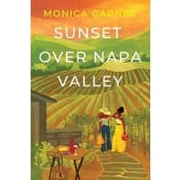 "Sunset Over Napa Valley" book cover with two women in vineyard, warm sunset colors, and rolling hills.