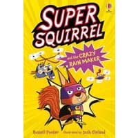 "Yellow book cover featuring Supersquirrel in a purple mask and cape, with drones and bold title text."