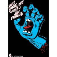 "Book cover featuring a blue screaming hand with red mouth, titled 'Surf, Skate & Rock Art of Jim Phillips'"