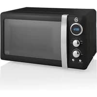Black Swan Retro 800W digital microwave with chrome accents, round digital display, and two control knobs.