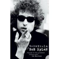 Black and white book cover titled "Tarantula" by Bob Dylan, featuring a man with curly hair and sunglasses.