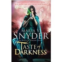 "Taste of Darkness book cover featuring a cloaked figure holding a sword against a stormy sky backdrop."