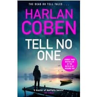 "Tell No One" book by Harlan Coben, cover with pink title, dark sky, and lake scene with dock and boat.