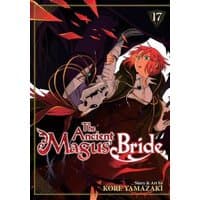"The Ancient Magus' Bride Vol. 17 manga, features a red-haired girl with a dragon, dark and fiery background."