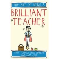 Paperback book "The Art of Being a Brilliant Teacher" with cartoon teacher, briefcase, apple, and stars on cover.
