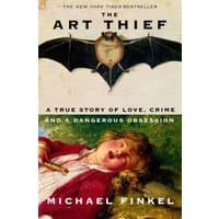 "The Art Thief" book with bat illustration and painting of a sleeping child on the cover by Simon & Schuster Ltd.