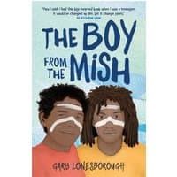 "The Boy from the Mish" book cover with two boys wearing face paint, set against a light blue background.