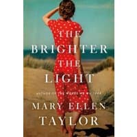 Book cover of "The Brighter the Light" featuring a woman in a red polka dot dress standing on a sandy beach.