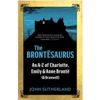 Book cover for "The Brontesaurus" with a silhouette of a house against a blue sky on a gold-bordered background.