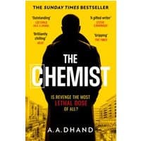Yellow and black cover of "The Chemist" book by A.A. Dhand, featuring a silhouette of a man in a cityscape.