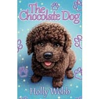 "The Chocolate Dog book cover featuring a fluffy brown dog with a curly coat and blue background with paw prints."